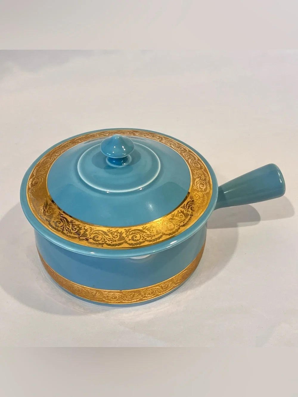 Vintage French Porcelain Covered Saucepan Blue Gold Made France